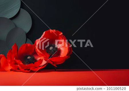 Red poppies as a symbol of memory for the fallen in the war. VE-Day, World War remembrance day. Generative AI illustration 101100520