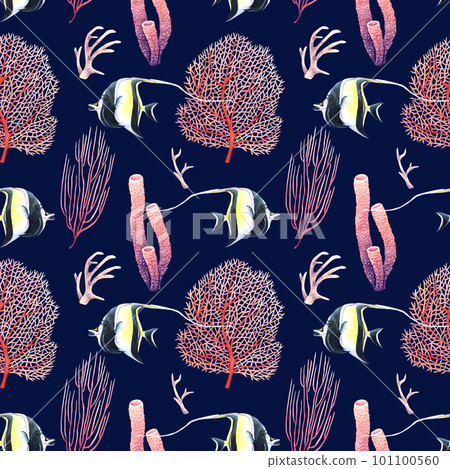 Watercolor seamless pattern with sea reef corals and tropical fish for wrapping, fabric, wallpaper, textile Watercolor seamless pattern with sea reef corals and tropical fish for wrapping, fabric, wallpaper, textile 101100560