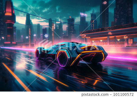 Futuristic Speed Racing Through Neon City. generative AI. 101100572