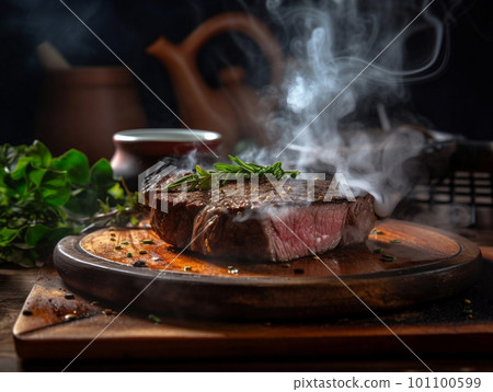 generative AI. Perfectly Cooked Beef Steak on Rustic Wooden Table 101100599