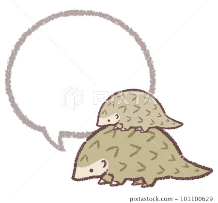 Pangolin parent and child and speech bubble line drawing 101100629