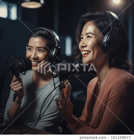 generative AI. Dynamic Women Engaging in Podcast Conversation 101100672