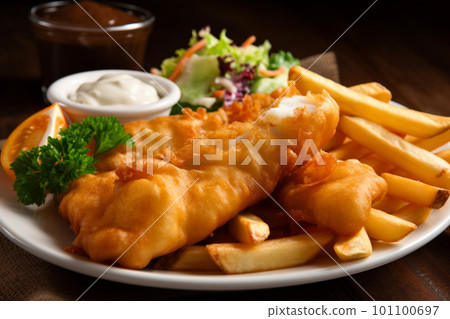 generative AI.. Fish and Chips - A Deliciously Classic British Dish for All to Enjoy. 101100697