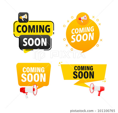 Megaphone label set with text Coming soon. Coming soon announcement banner Megaphone label set with text Coming soon. Coming soon announcement banner 101100765