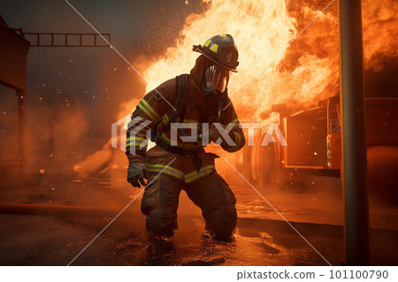 generative AI. Heroes of the Flames: Realistic Firefighters Battling Raging Inferno 101100790