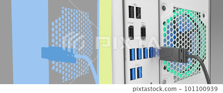 Connecting Device to USB Port on back side of Computer 3d render with colored alpha Connecting Device to USB Port on back side of Computer 3d render with colored alpha 101100939