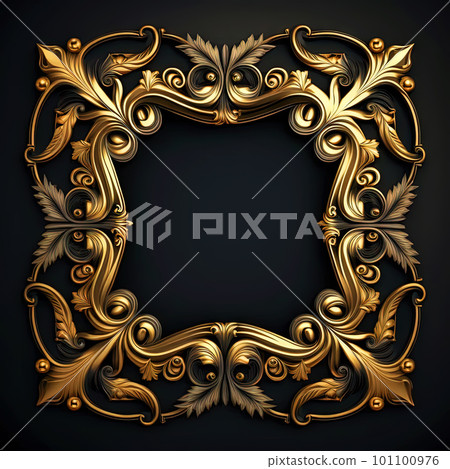 Golden ornamental frame on black bakcground. Retro golden frame with vintage ornament. Generative AI. 101100976