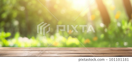 generative AI. Serenity in Springtime: Empty Wooden Table in Garden 101101181