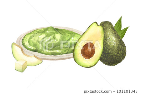 Watercolor avocado smoothie avocado in a glass jar with ingredients and ripe avocado. Hand-drawn illustration isolated on white background. Concept of healthy eating, dieting, vegan vegetarian food. Watercolor avocado smoothie avocado in a glass jar with ingredients and ripe avocado. Hand-drawn illustration isolated on white background. Concept of healthy eating, dieting, vegan vegetarian food. 101101345