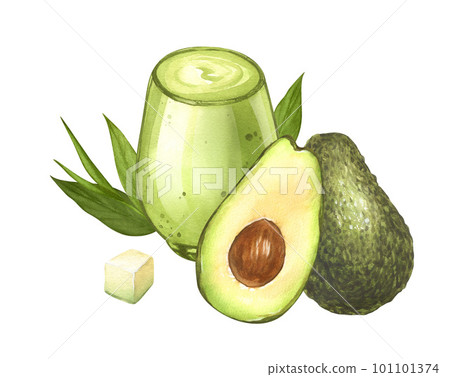 Watercolor avocado smoothie avocado in a glass jar with ingredients and ripe avocado. Hand-drawn illustration isolated on white background. Concept of healthy eating, dieting, vegan vegetarian food. Watercolor avocado smoothie avocado in a glass jar with ingredients and ripe avocado. Hand-drawn illustration isolated on white background. Concept of healthy eating, dieting, vegan vegetarian food. 101101374
