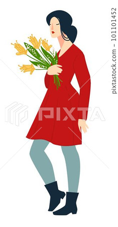 Elegant woman with flowers present in hands vector Elegant woman with flowers present in hands vector 101101452