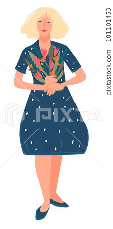 Blond woman holding bouquet of flowers in hands Blond woman holding bouquet of flowers in hands 101101453