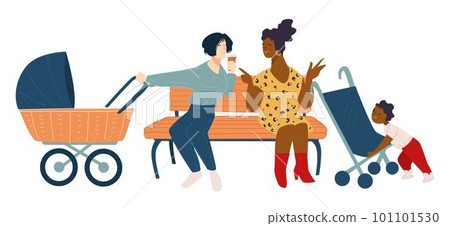 Women with kids talking sitting on bench in park Women with kids talking sitting on bench in park 101101530