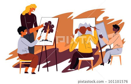 Teacher in art classes with kids painting lessons 101101576