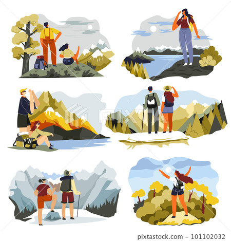 People traveling and hiking in mountains vector 101102032