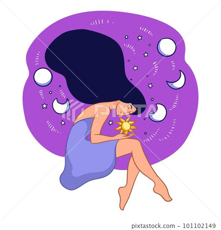 Female character holding sun surrounded by moon 101102149