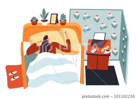 Teenager sleeping in bedroom, table with laptop 101102230