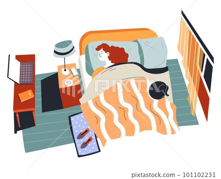 Young girl sleeping in bed with cat, teenager 101102231