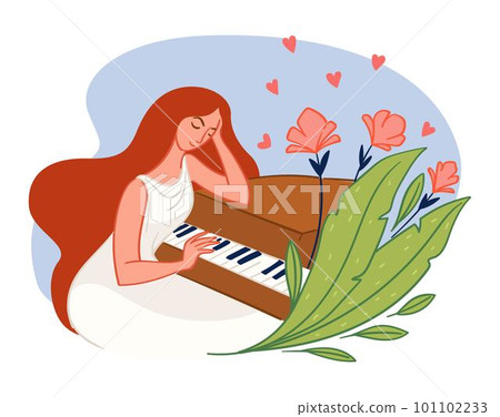 Pianist woman playing piano, elegant lady vector 101102233