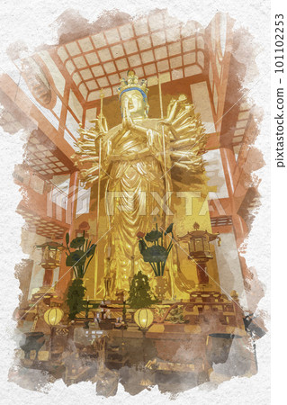 和歌山縣和歌山市水彩畫風格的和歌山君美寺大佛殿大千住十一門觀音菩薩 101102253