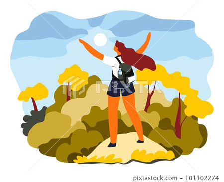 Woman stretching arms standing on mountains top 101102274