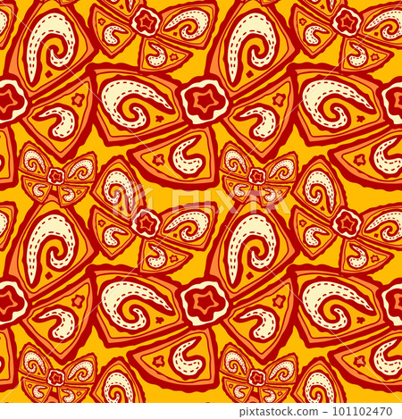 Ornate complex repaeted pattern with bow in red and orange colours. Ornate complex repaeted pattern with bow in red and orange colours. 101102470