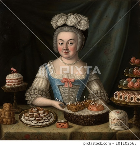 old painting of a lady surrounded by pastries old painting of a lady surrounded by pastries 101102565