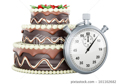 Chocolate Birthday Cake with stopwatch, 3D rendering Chocolate Birthday Cake with stopwatch, 3D rendering 101102682