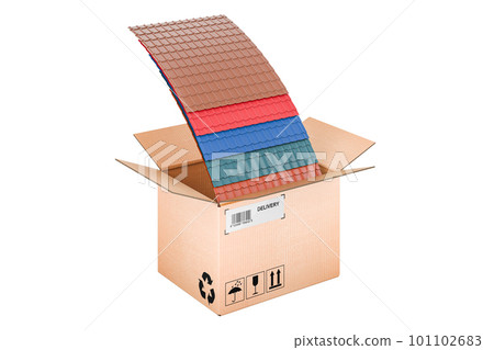 Color Metal Roof Tiles inside cardboard box, delivery concept. 3D rendering Color Metal Roof Tiles inside cardboard box, delivery concept. 3D rendering 101102683