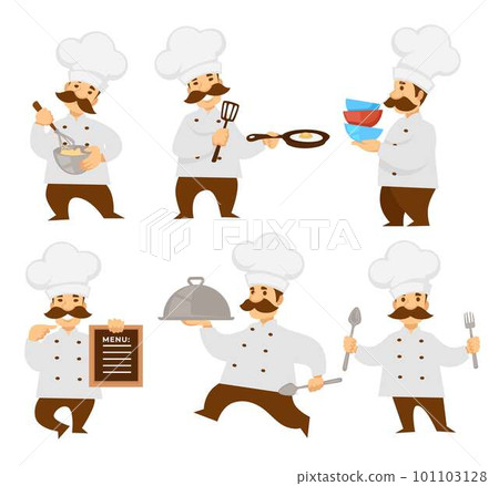 Chief or cook in uniform menu board and cooker pizza 101103128