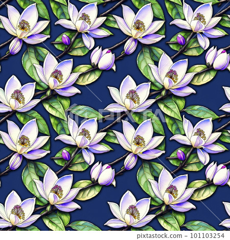 Floral tropical seamless pattern with Magnolia flowers and green leaves on blue backdrop, wallpaper design, watercolor illustration for textile design, cover, wallpaper, wrapping paper. AI generated 101103254