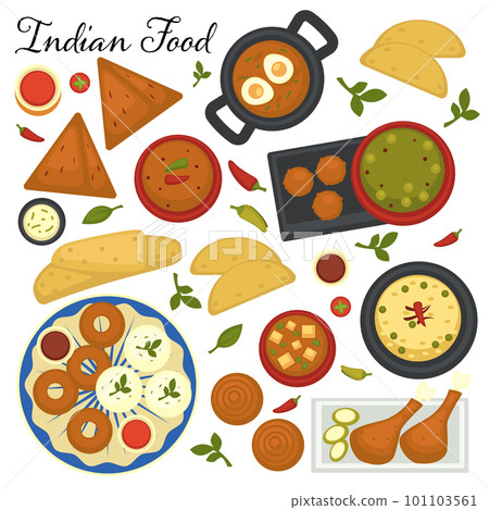 Indian cuisine menu, collection of dishes of India. Soups and tandoori, spicy snacks vector in flat Indian cuisine menu, collection of dishes of India. Soups and tandoori, spicy snacks vector in flat 101103561