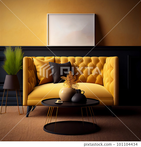 Modern interior design yellow armchair sofa in living room with and mock up poster frame in wall at home, lifestyle living room design, empty nobody, 3D render by Generative AI Modern interior design yellow armchair sofa in living room with and mock up poster frame in wall at home, lifestyle living room design, empty nobody, 3D render by Generative AI 101104434