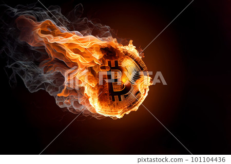 Burning in fire golden bitcoin on black background, Bitcoin coin in flames, burn cryptocurrency bit coin money, crash and blockchain bubble, Generative AI Burning in fire golden bitcoin on black background, Bitcoin coin in flames, burn cryptocurrency bit coin money, crash and blockchain bubble, Generative AI 101104436