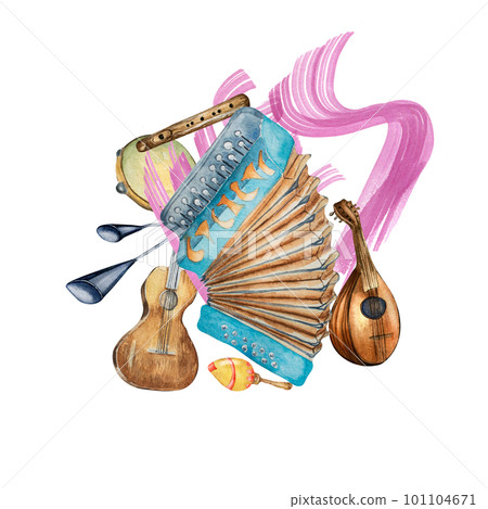 Composition of accordion watercolor illustration and paint stroke background isolated. 101104671