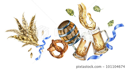 Wooden beer barrel and splash beer, watercolor illustration isolated on white. 101104674