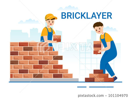 Bricklayer Worker Illustration with People Construction and Laying Bricks for Building a Wall in Flat Cartoon Hand Drawn Landing Page Templates 101104970