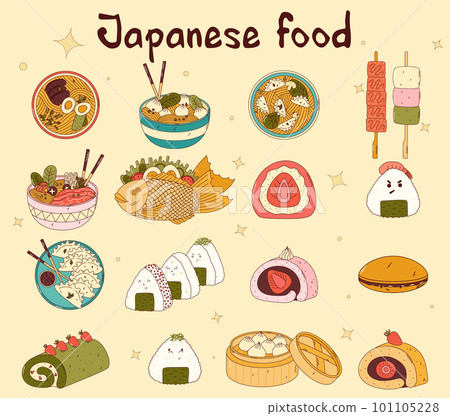 Traditional Japanese food. Asian yakitori skewers, ramen, dumplings, taiyaki, matcha cake roll, shabu shabu, onigiri, wonton, daifuku. Vector illistration 101105228