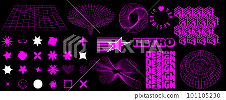 Wireframe 3D shapes in trendy retro cyberpunk 80s 90s style. Y2k aesthetic. Wireframe 3D shapes in trendy retro cyberpunk 80s 90s style. Y2k aesthetic. 101105230