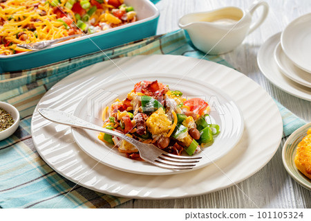 pinto beans bacon pepper cornbread salad, top view pinto beans bacon pepper cornbread salad, top view 101105324