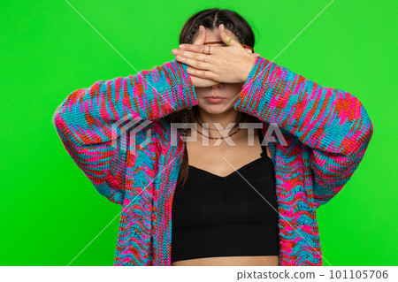 Afraid young woman closing eyes with hand showing stop gesture, confused shy scared to watch, awful Afraid young woman closing eyes with hand showing stop gesture, confused shy scared to watch, awful 101105706