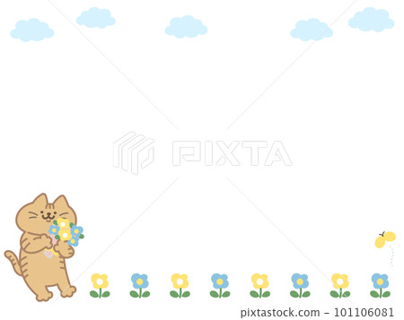 Simple illustration frame material of a cat with a bouquet 101106081