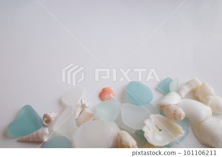 白色貝殼和藍白海玻璃散落在白色背景的下半部分 101106211
