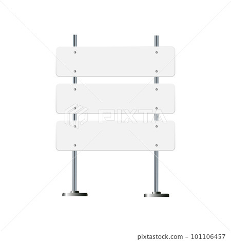 Road, traffic signs. Highway signboard on metal pole. Blank white board with place for text. Directional signage and wayfinder. information sign vector mockup. Road, traffic signs. Highway signboard on metal pole. Blank white board with place for text. Directional signage and wayfinder. information sign vector mockup. 101106457