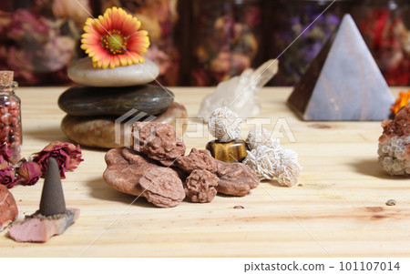 Incense Cones and Desert Rose Rocks on Meditation Table Incense Cones and Desert Rose Rocks on Meditation Table 101107014