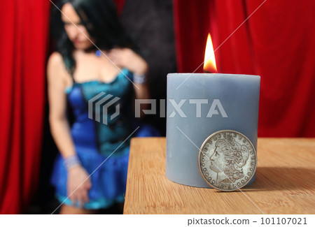 1879 Morgan Silver Coin With Woman in Blue Corset in Background Shallow DOF 101107021