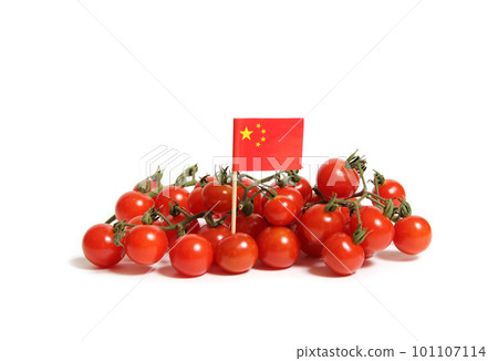 Pile of Fresh Cherry Tomatoes With Flag of China Isolated on White Background Pile of Fresh Cherry Tomatoes With Flag of China Isolated on White Background 101107114