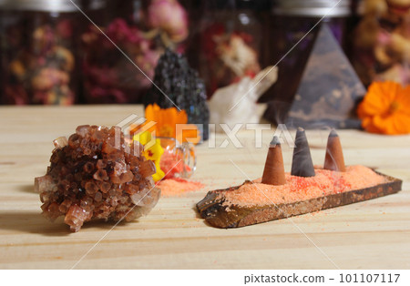 Aragonite Crystal With Incense and Stone Pyramid on Meditation Altar Aragonite Crystal With Incense and Stone Pyramid on Meditation Altar 101107117