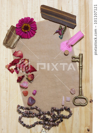 Pink Flower With Pink Stones and Brass Key on old Paper 101107121