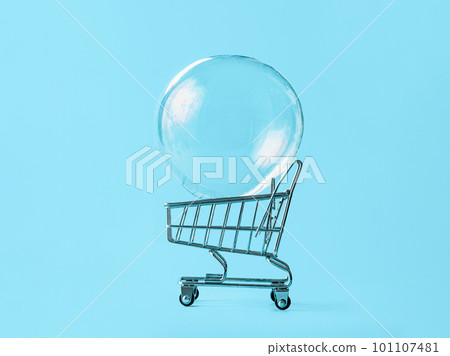 Shopping cart with soap bubble on blue background 101107481
